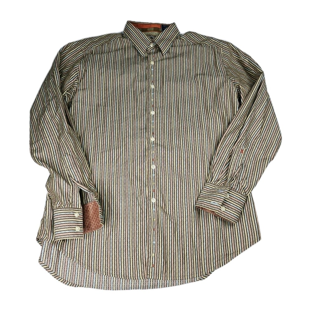 Robert Graham Mens‎ L Knowledge Wisdom Truth Striped Button Up Shirt Embroidered